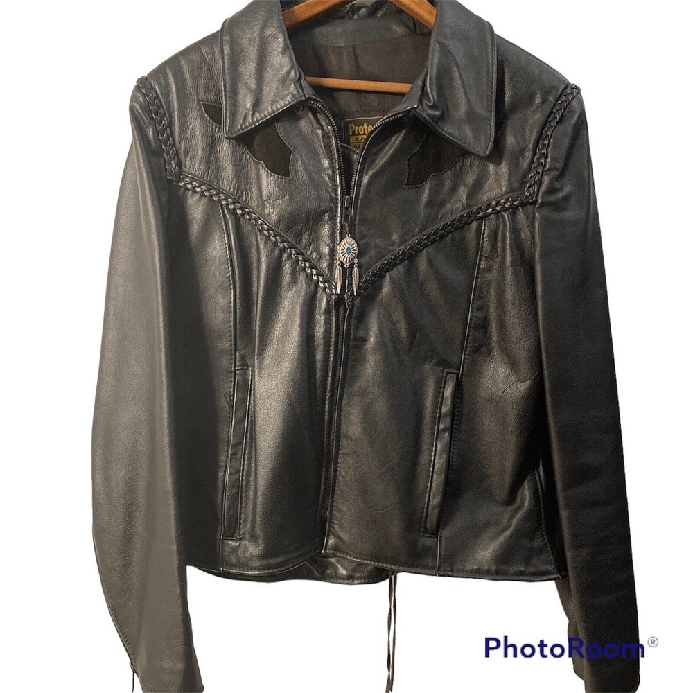 Protech Womens Leather Apparel Black Motorcycle Jacket Size S/M